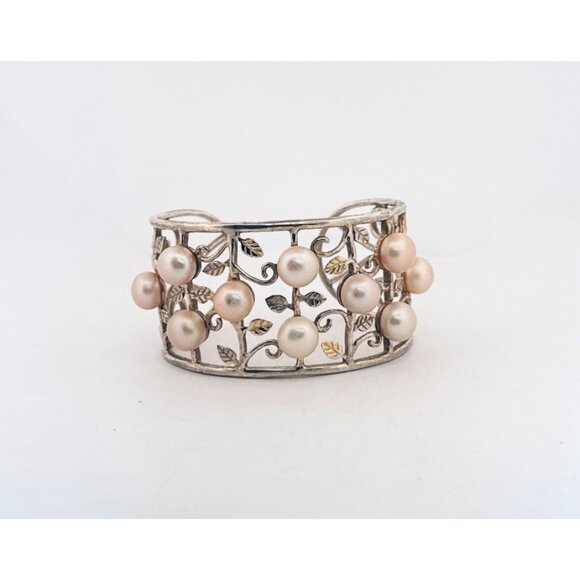 **Vintage 925 Sterling Silver Cuff Bracelet w/ Pearls & Leaf Filigree, Size 6” - Picture 1 of 9